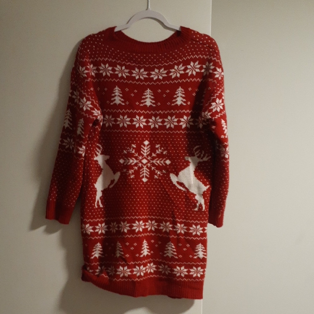 Red Festive Sweater with Reindeer and Snowflake Design